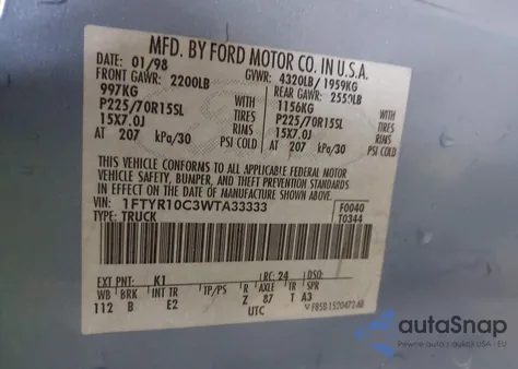 1998 Ford Ranger Splash/Xl/Xlt из США, поврежденный, VIN 1FTYR10C3WTA33333